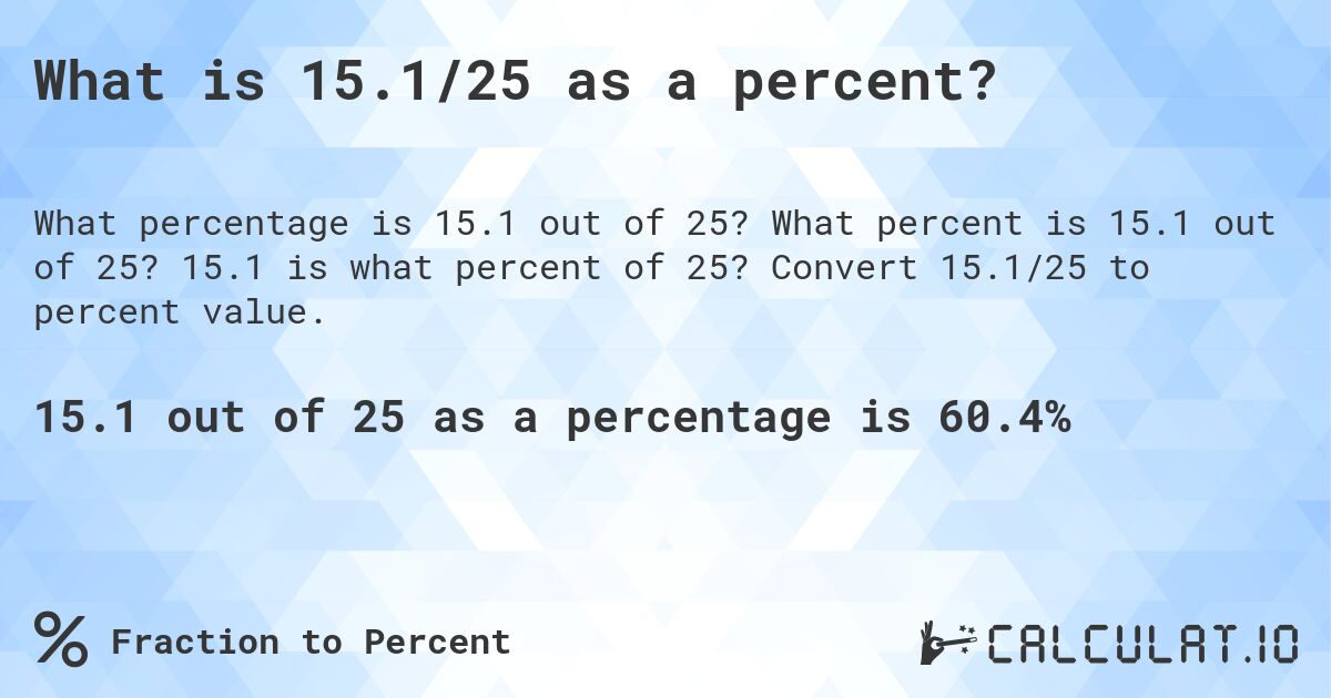 What is 15.1/25 as a percent?. What percent is 15.1 out of 25? 15.1 is what percent of 25? Convert 15.1/25 to percent value.