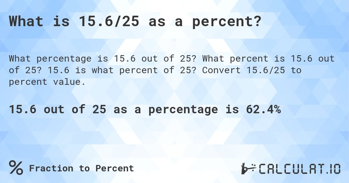 What is 15.6/25 as a percent?. What percent is 15.6 out of 25? 15.6 is what percent of 25? Convert 15.6/25 to percent value.