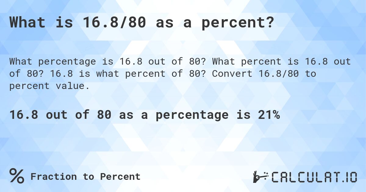 What is 16.8/80 as a percent?. What percent is 16.8 out of 80? 16.8 is what percent of 80? Convert 16.8/80 to percent value.