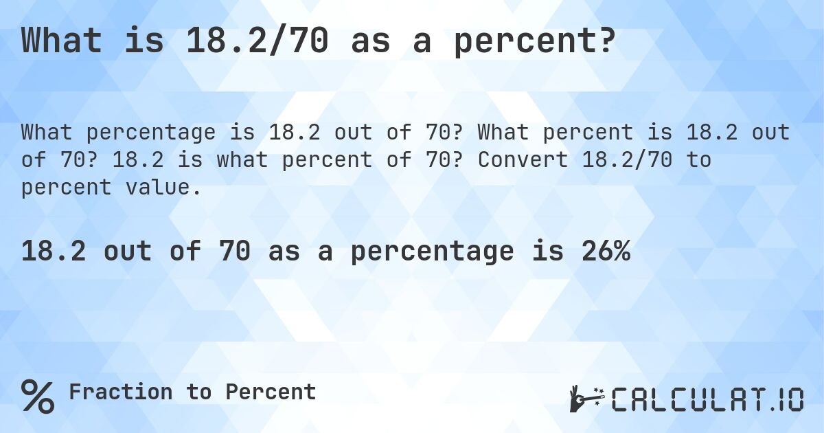 What is 18.2/70 as a percent?. What percent is 18.2 out of 70? 18.2 is what percent of 70? Convert 18.2/70 to percent value.
