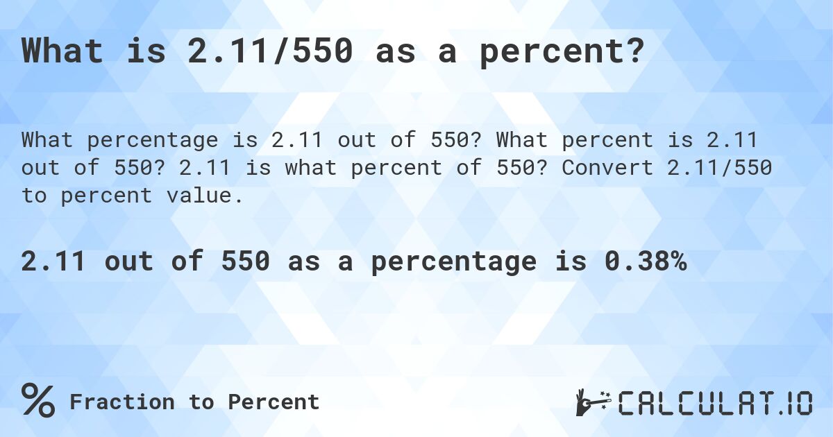 What is 2.11/550 as a percent?. What percent is 2.11 out of 550? 2.11 is what percent of 550? Convert 2.11/550 to percent value.
