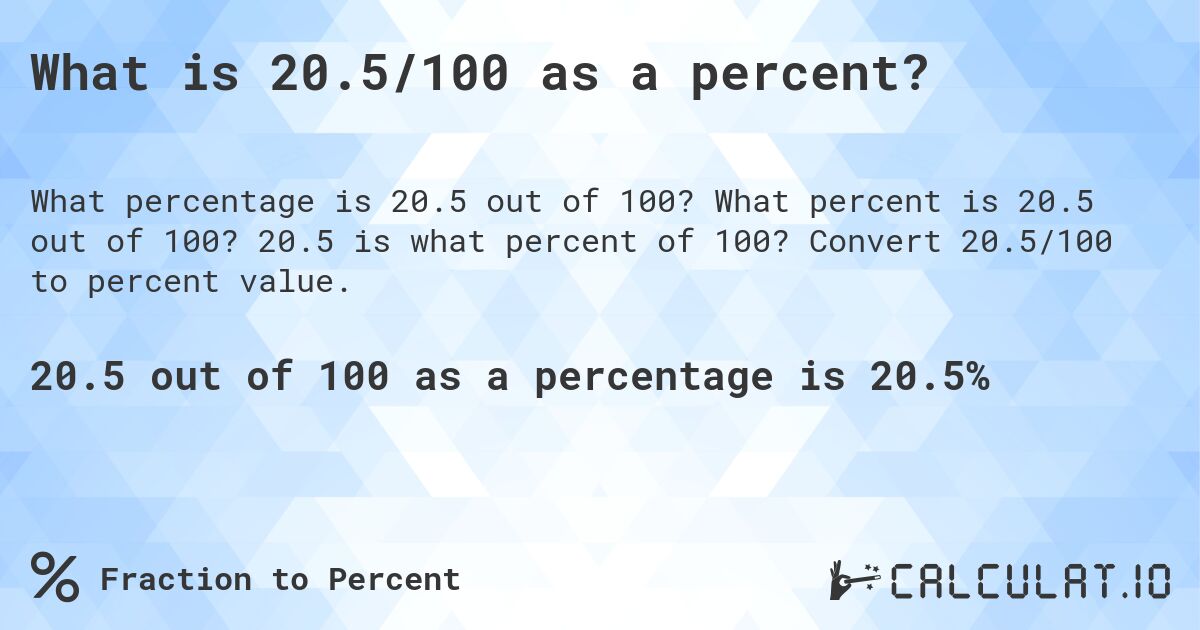 What is 20.5/100 as a percent?. What percent is 20.5 out of 100? 20.5 is what percent of 100? Convert 20.5/100 to percent value.