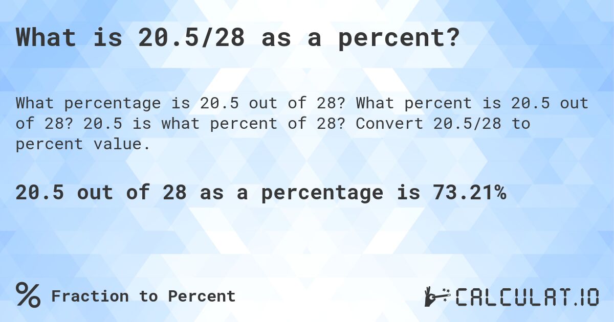 What is 20.5/28 as a percent?. What percent is 20.5 out of 28? 20.5 is what percent of 28? Convert 20.5/28 to percent value.