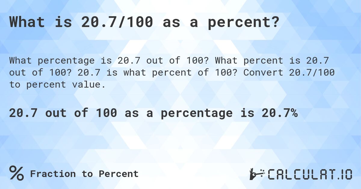 What is 20.7/100 as a percent?. What percent is 20.7 out of 100? 20.7 is what percent of 100? Convert 20.7/100 to percent value.