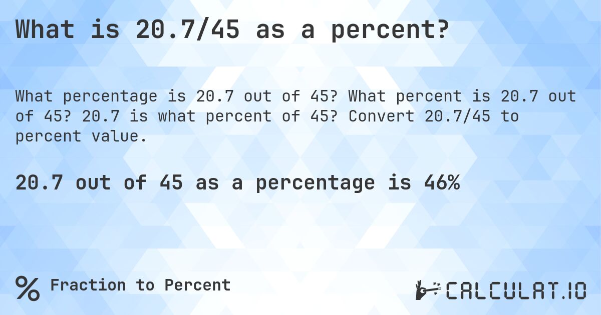 What is 20.7/45 as a percent?. What percent is 20.7 out of 45? 20.7 is what percent of 45? Convert 20.7/45 to percent value.