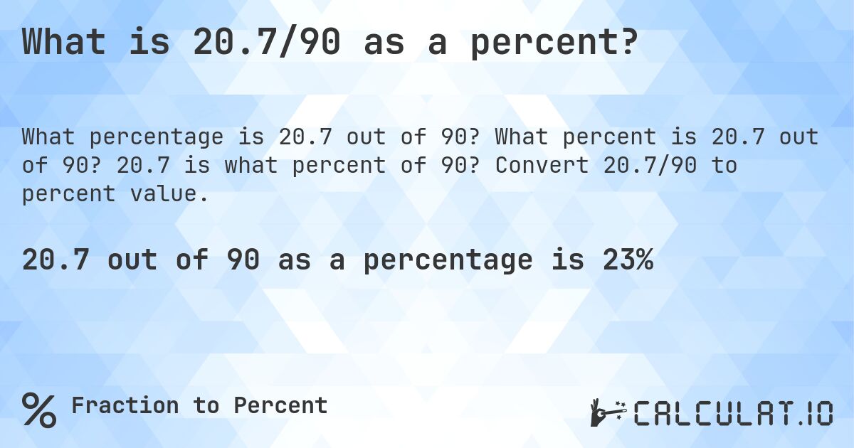 What is 20.7/90 as a percent?. What percent is 20.7 out of 90? 20.7 is what percent of 90? Convert 20.7/90 to percent value.