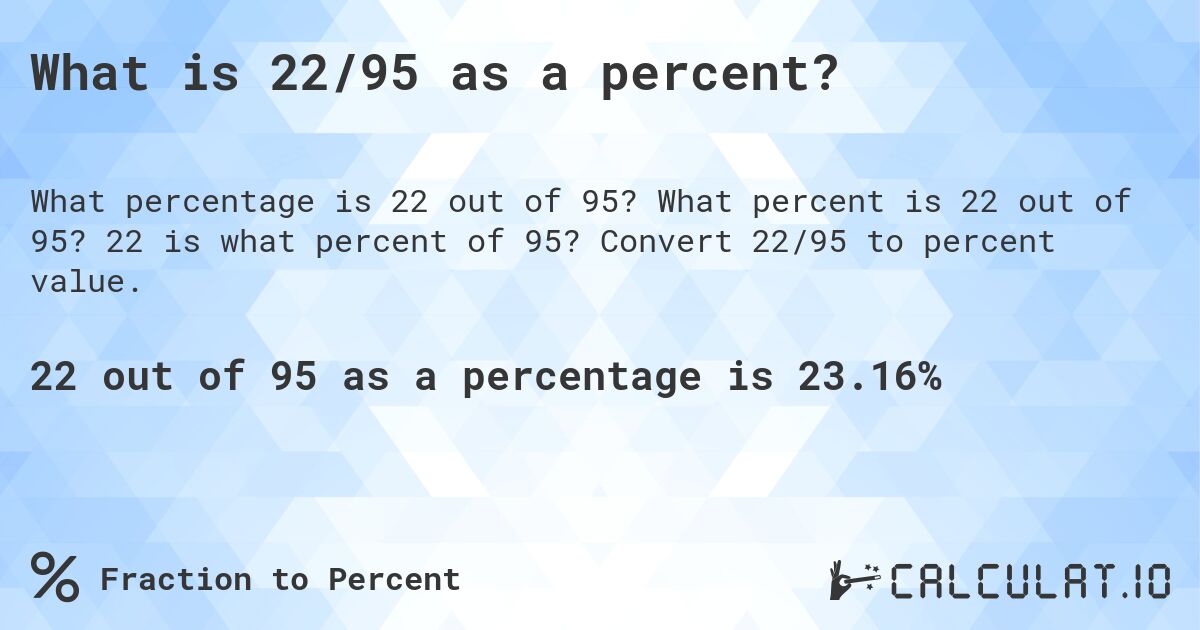 What is 22/95 as a percent?. What percent is 22 out of 95? 22 is what percent of 95? Convert 22/95 to percent value.