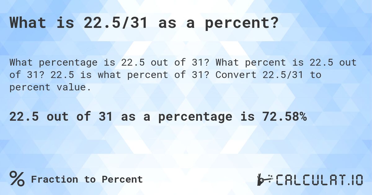 What is 22.5/31 as a percent?. What percent is 22.5 out of 31? 22.5 is what percent of 31? Convert 22.5/31 to percent value.