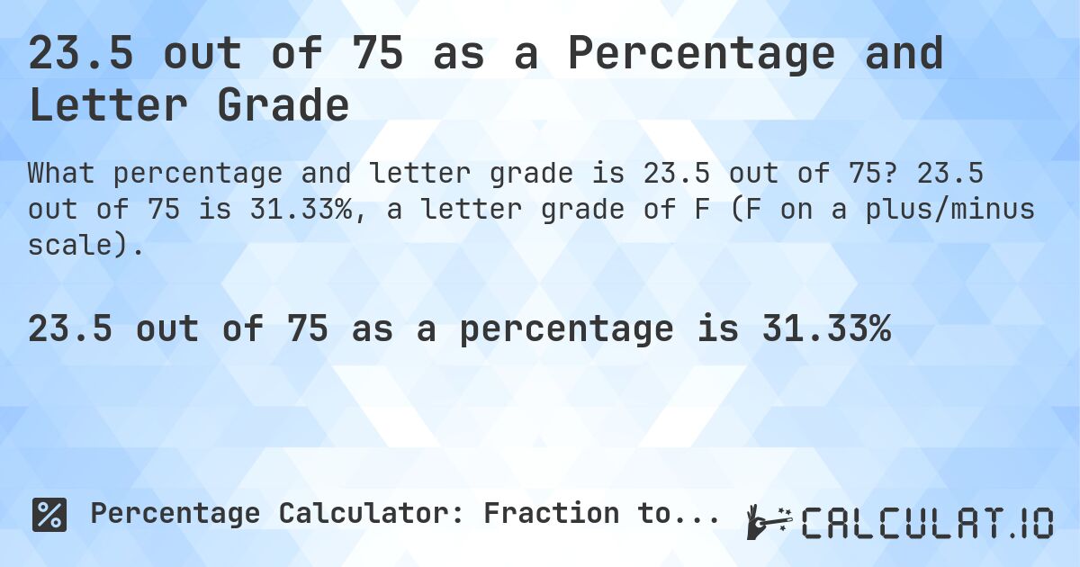 23.5 out of 75 as a Percentage and Letter Grade. 23.5 out of 75 is 31.33%, a letter grade of F (F on a plus/minus scale).