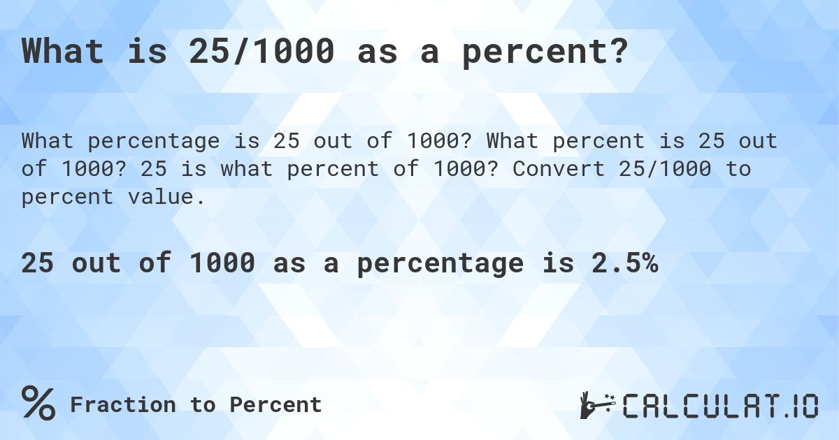 What is 25/1000 as a percent?. What percent is 25 out of 1000? 25 is what percent of 1000? Convert 25/1000 to percent value.