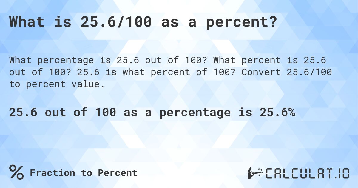 What is 25.6/100 as a percent?. What percent is 25.6 out of 100? 25.6 is what percent of 100? Convert 25.6/100 to percent value.