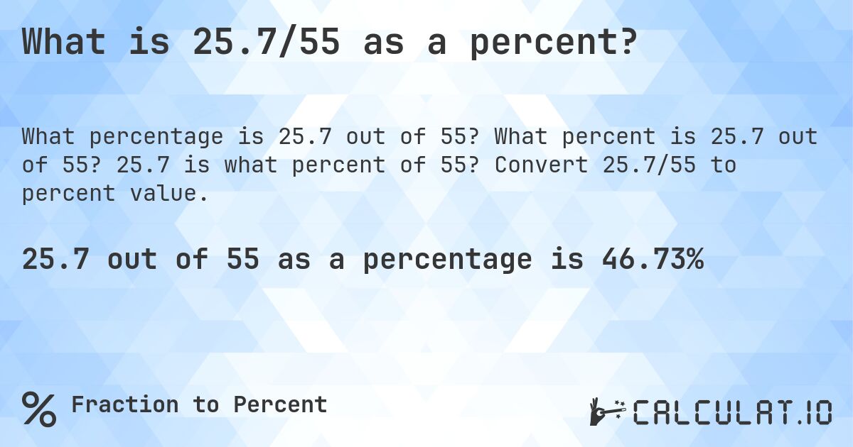 What is 25.7/55 as a percent?. What percent is 25.7 out of 55? 25.7 is what percent of 55? Convert 25.7/55 to percent value.