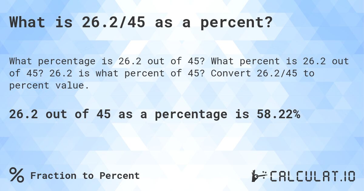 What is 26.2/45 as a percent?. What percent is 26.2 out of 45? 26.2 is what percent of 45? Convert 26.2/45 to percent value.