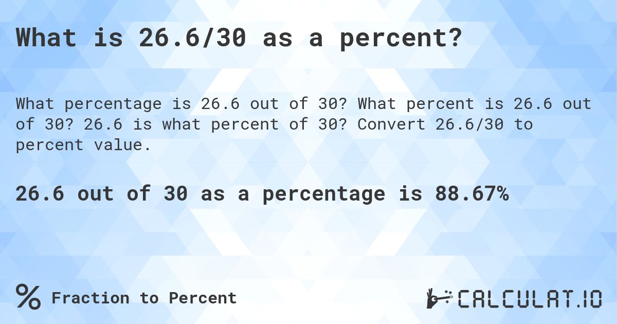 What is 26.6/30 as a percent?. What percent is 26.6 out of 30? 26.6 is what percent of 30? Convert 26.6/30 to percent value.
