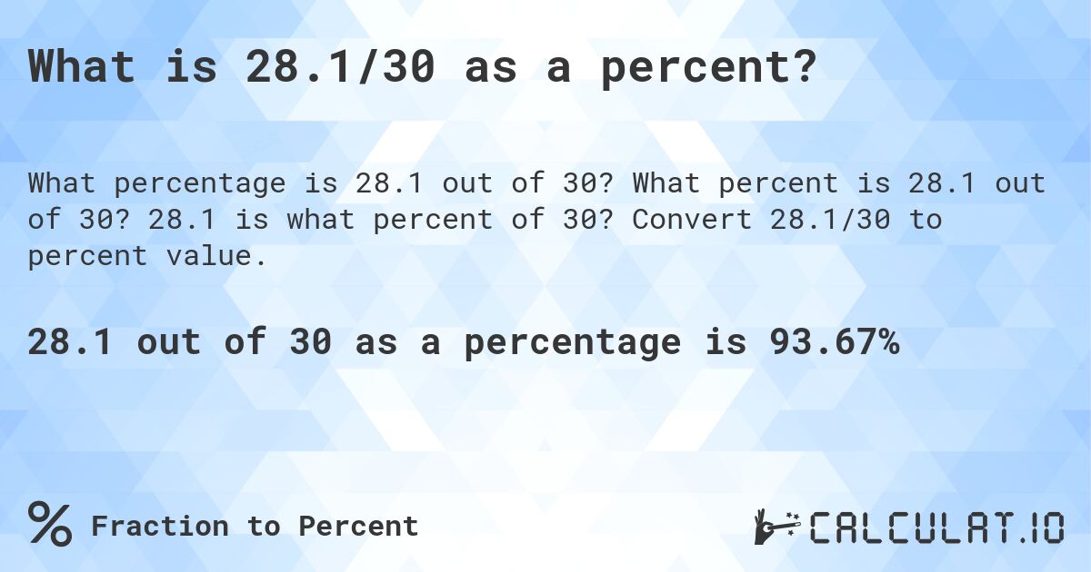 What is 28.1/30 as a percent?. What percent is 28.1 out of 30? 28.1 is what percent of 30? Convert 28.1/30 to percent value.