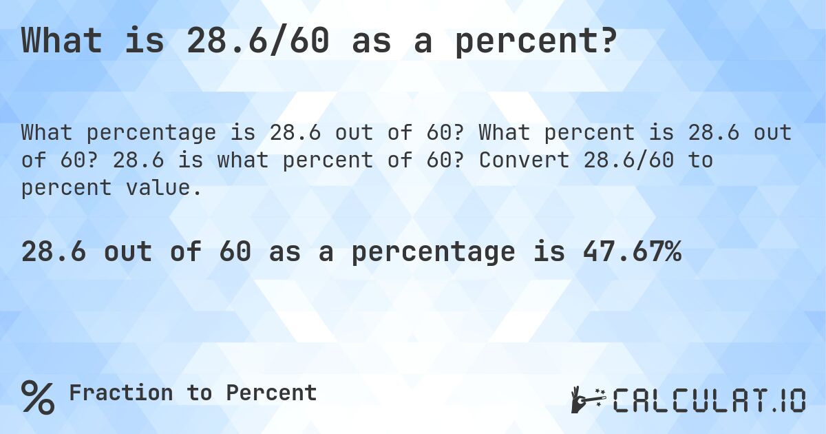 What is 28.6/60 as a percent?. What percent is 28.6 out of 60? 28.6 is what percent of 60? Convert 28.6/60 to percent value.
