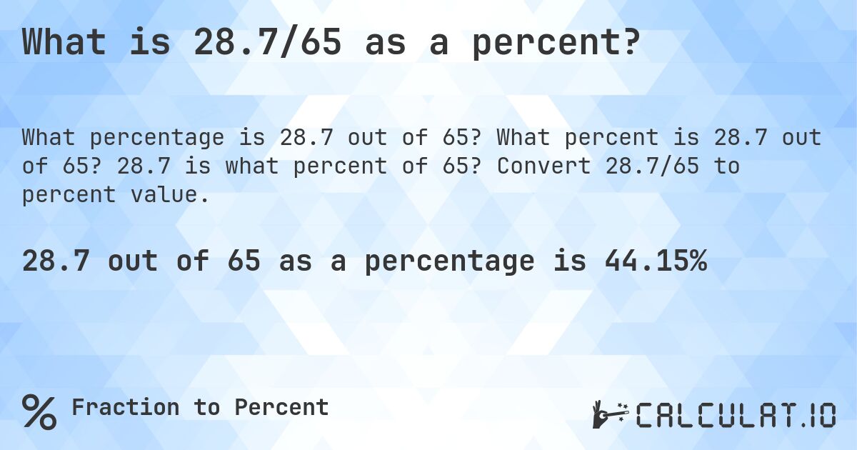 What is 28.7/65 as a percent?. What percent is 28.7 out of 65? 28.7 is what percent of 65? Convert 28.7/65 to percent value.
