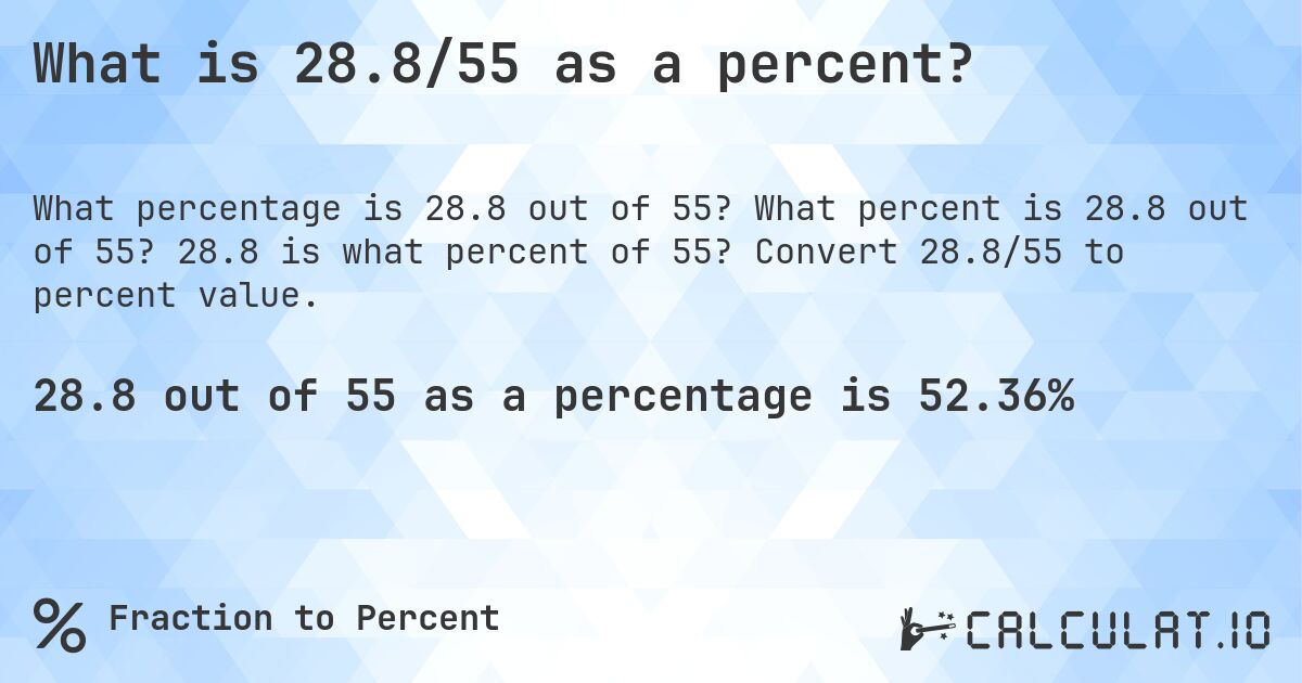 What is 28.8/55 as a percent?. What percent is 28.8 out of 55? 28.8 is what percent of 55? Convert 28.8/55 to percent value.