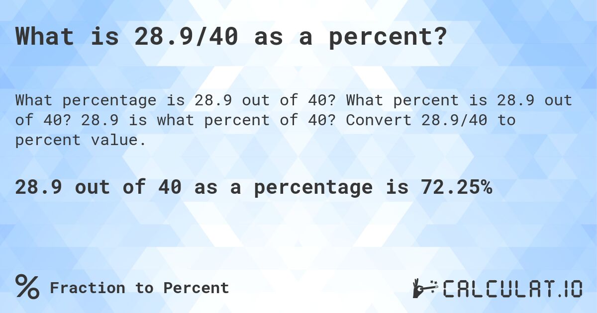 What is 28.9/40 as a percent?. What percent is 28.9 out of 40? 28.9 is what percent of 40? Convert 28.9/40 to percent value.