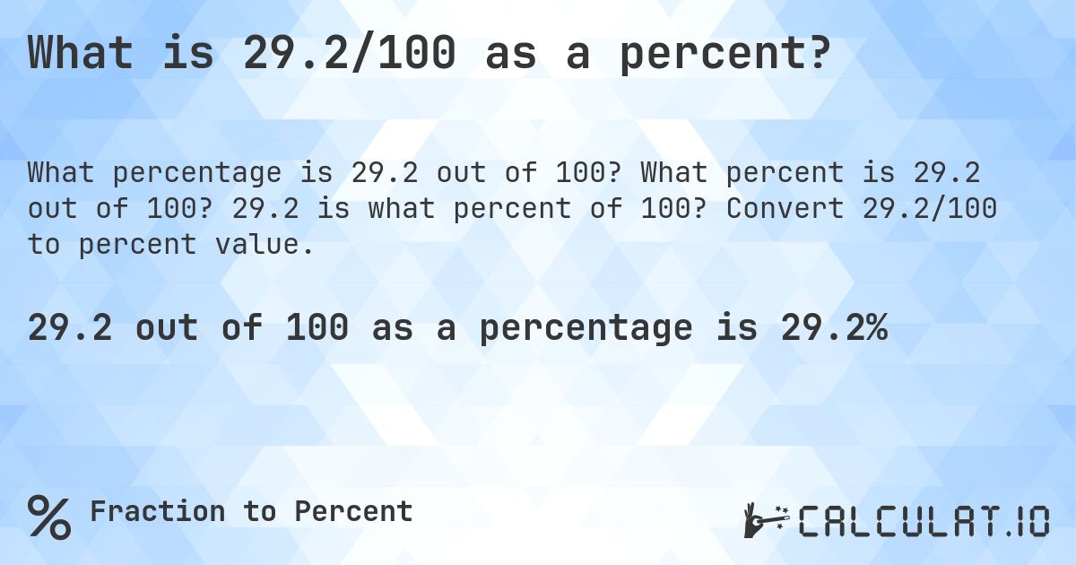 What is 29.2/100 as a percent?. What percent is 29.2 out of 100? 29.2 is what percent of 100? Convert 29.2/100 to percent value.