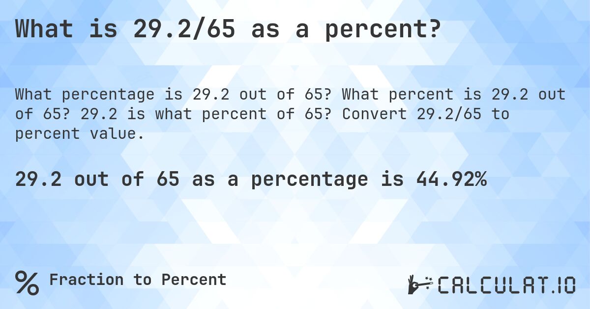 What is 29.2/65 as a percent?. What percent is 29.2 out of 65? 29.2 is what percent of 65? Convert 29.2/65 to percent value.