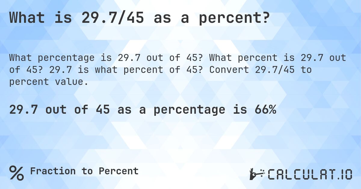 What is 29.7/45 as a percent?. What percent is 29.7 out of 45? 29.7 is what percent of 45? Convert 29.7/45 to percent value.