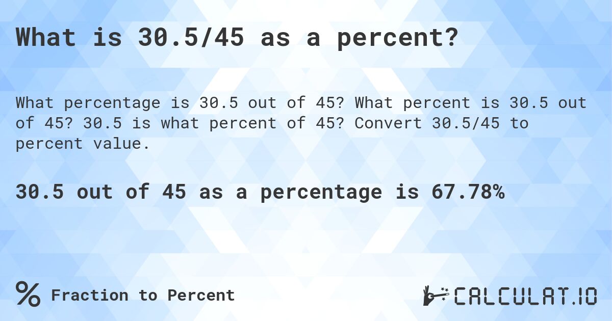 What is 30.5/45 as a percent?. What percent is 30.5 out of 45? 30.5 is what percent of 45? Convert 30.5/45 to percent value.
