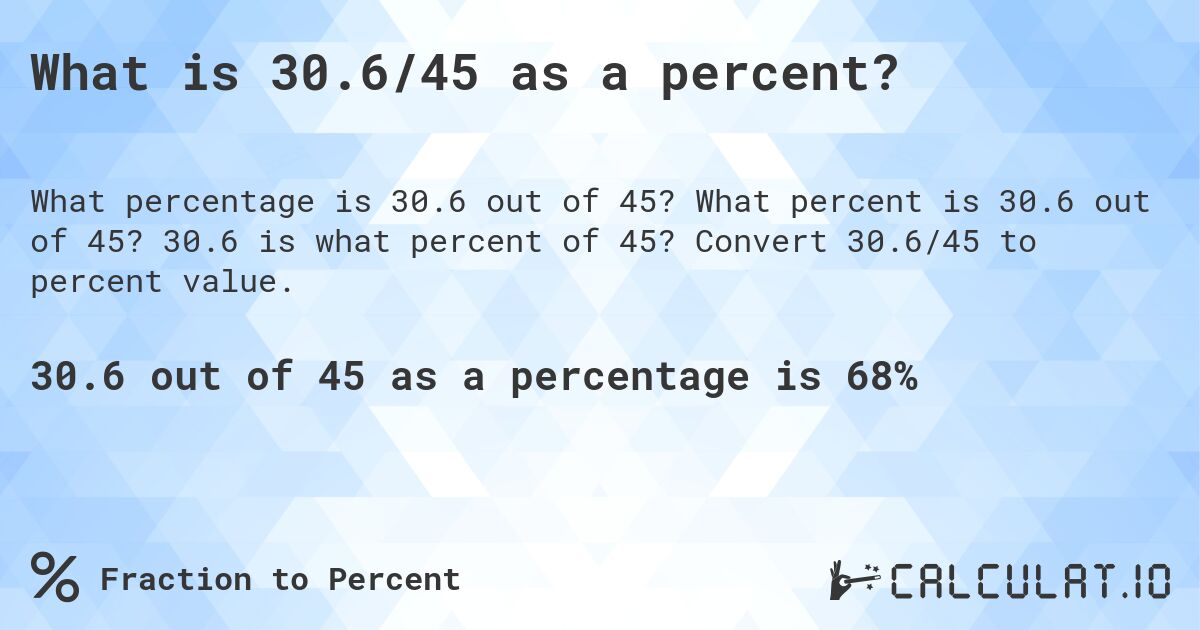 What is 30.6/45 as a percent?. What percent is 30.6 out of 45? 30.6 is what percent of 45? Convert 30.6/45 to percent value.