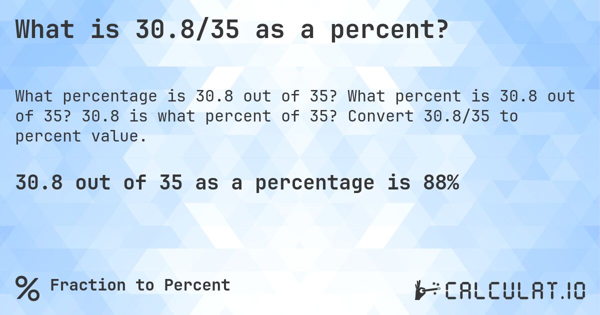 What is 30.8/35 as a percent?. What percent is 30.8 out of 35? 30.8 is what percent of 35? Convert 30.8/35 to percent value.