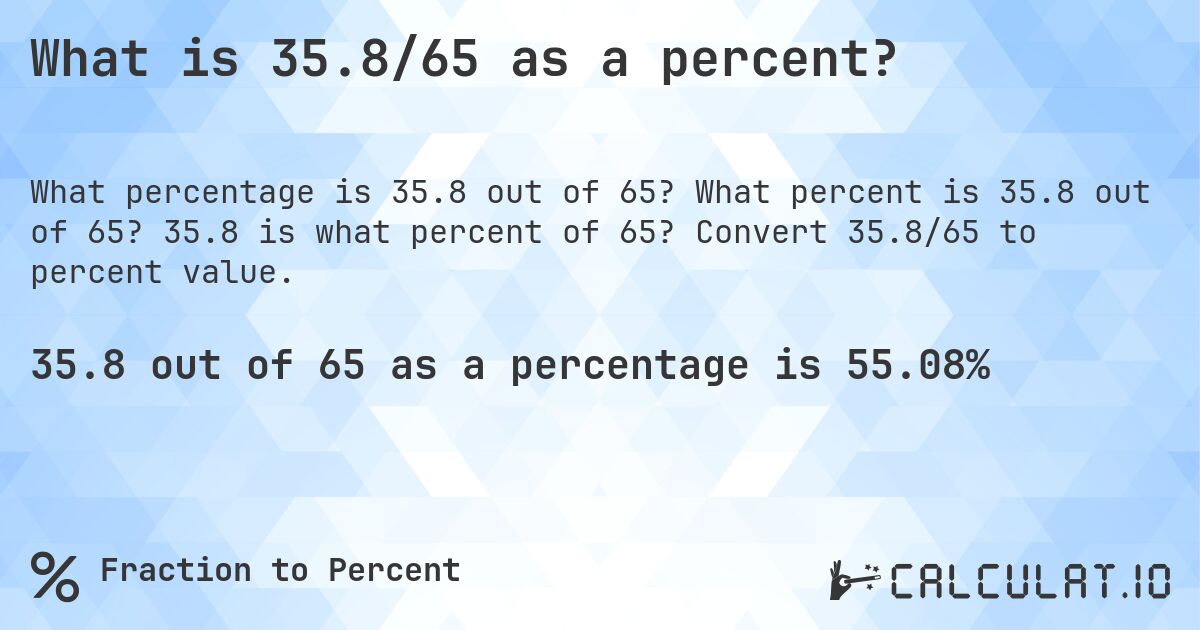 What is 35.8/65 as a percent?. What percent is 35.8 out of 65? 35.8 is what percent of 65? Convert 35.8/65 to percent value.