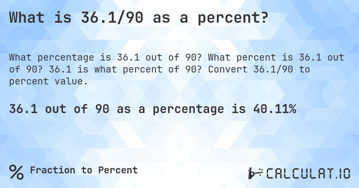 What is 36.1/90 as a percent?. What percent is 36.1 out of 90? 36.1 is what percent of 90? Convert 36.1/90 to percent value.