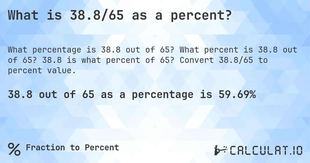 What is 38.8/65 as a percent?. What percent is 38.8 out of 65? 38.8 is what percent of 65? Convert 38.8/65 to percent value.