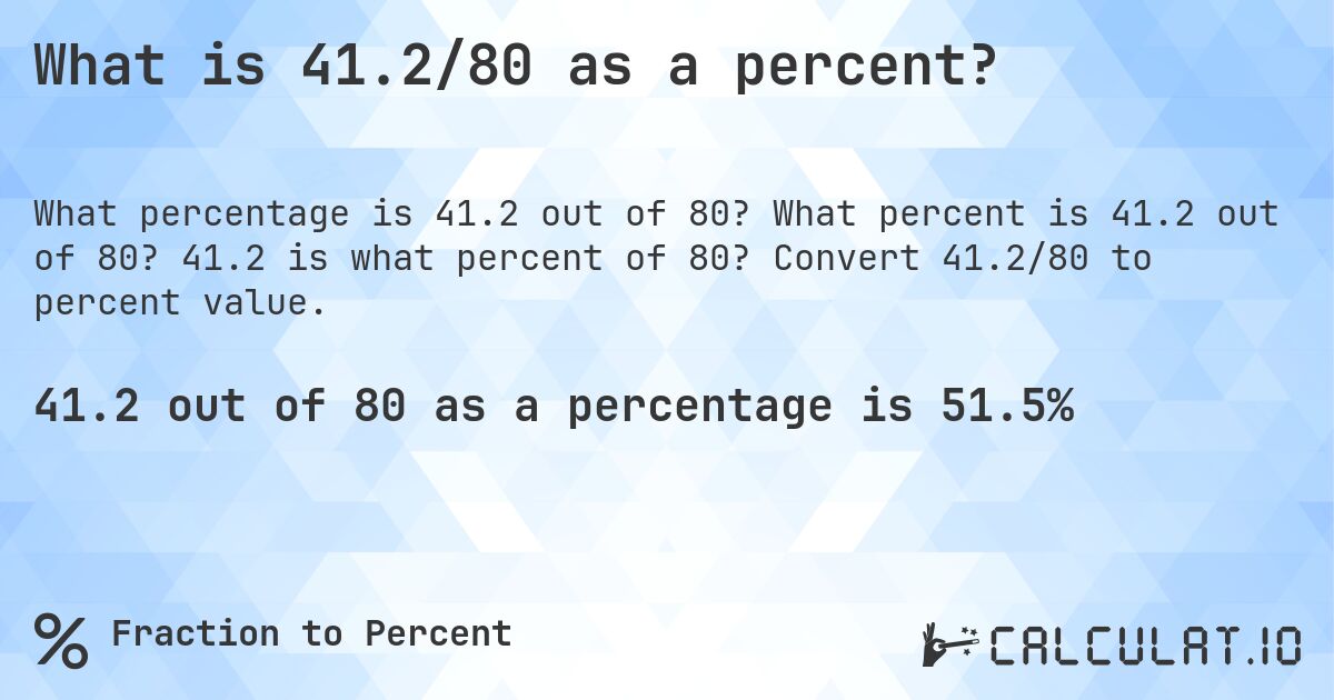 What is 41.2/80 as a percent?. What percent is 41.2 out of 80? 41.2 is what percent of 80? Convert 41.2/80 to percent value.