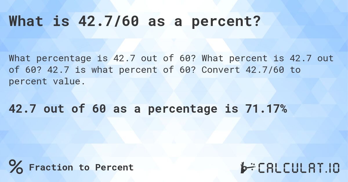 What is 42.7/60 as a percent?. What percent is 42.7 out of 60? 42.7 is what percent of 60? Convert 42.7/60 to percent value.