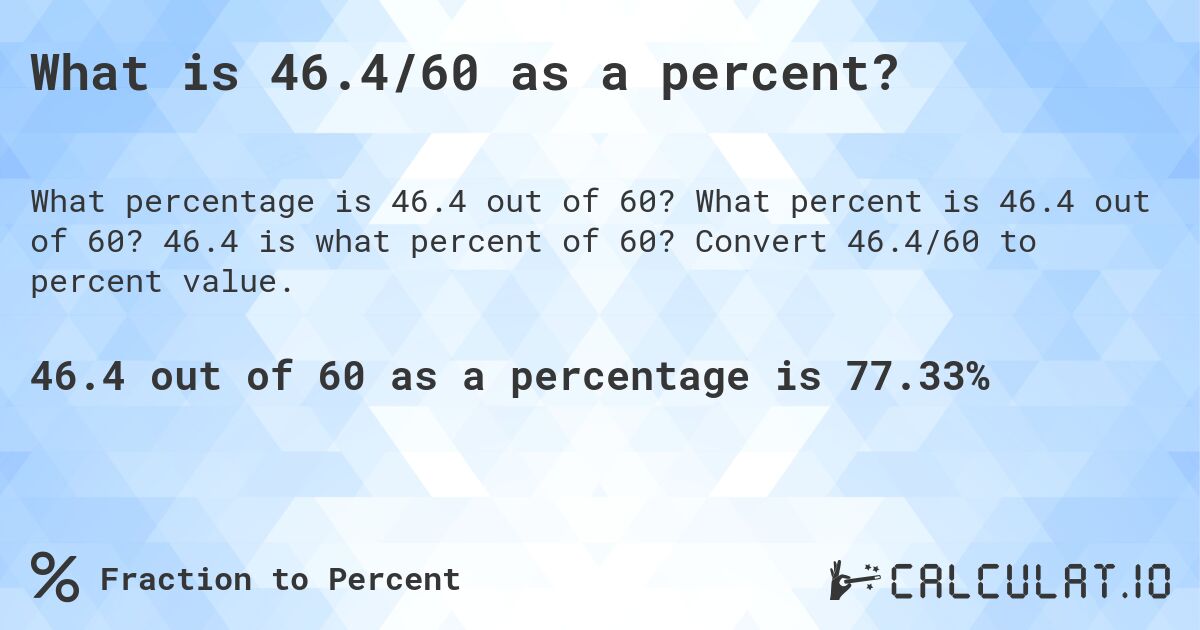 What is 46.4/60 as a percent?. What percent is 46.4 out of 60? 46.4 is what percent of 60? Convert 46.4/60 to percent value.