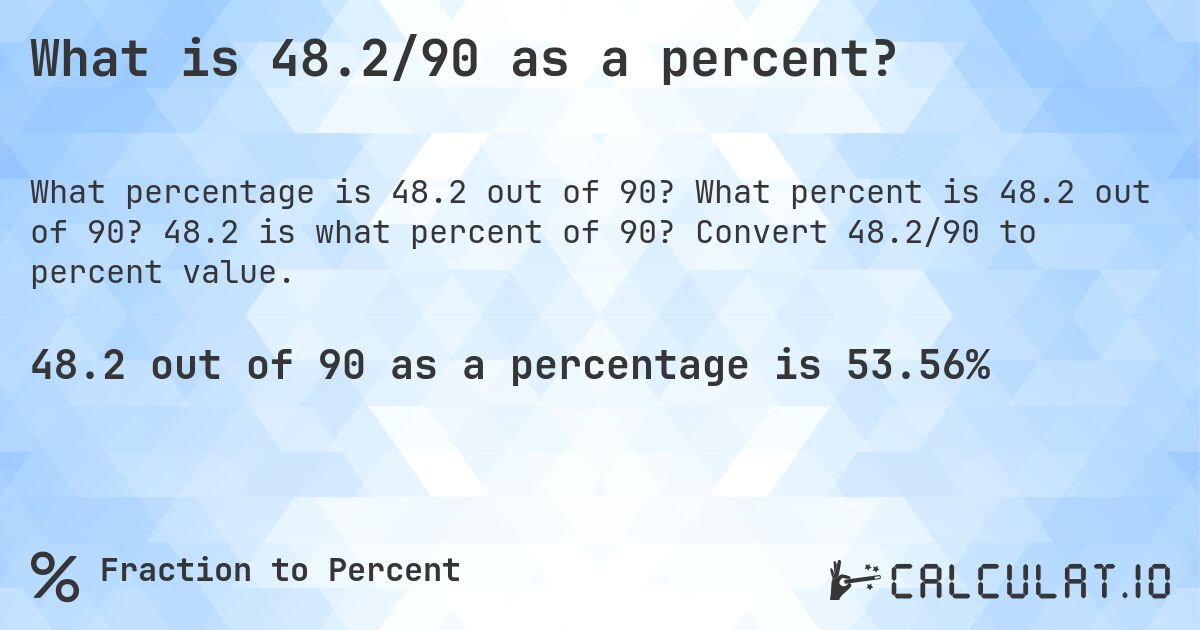 What is 48.2/90 as a percent?. What percent is 48.2 out of 90? 48.2 is what percent of 90? Convert 48.2/90 to percent value.