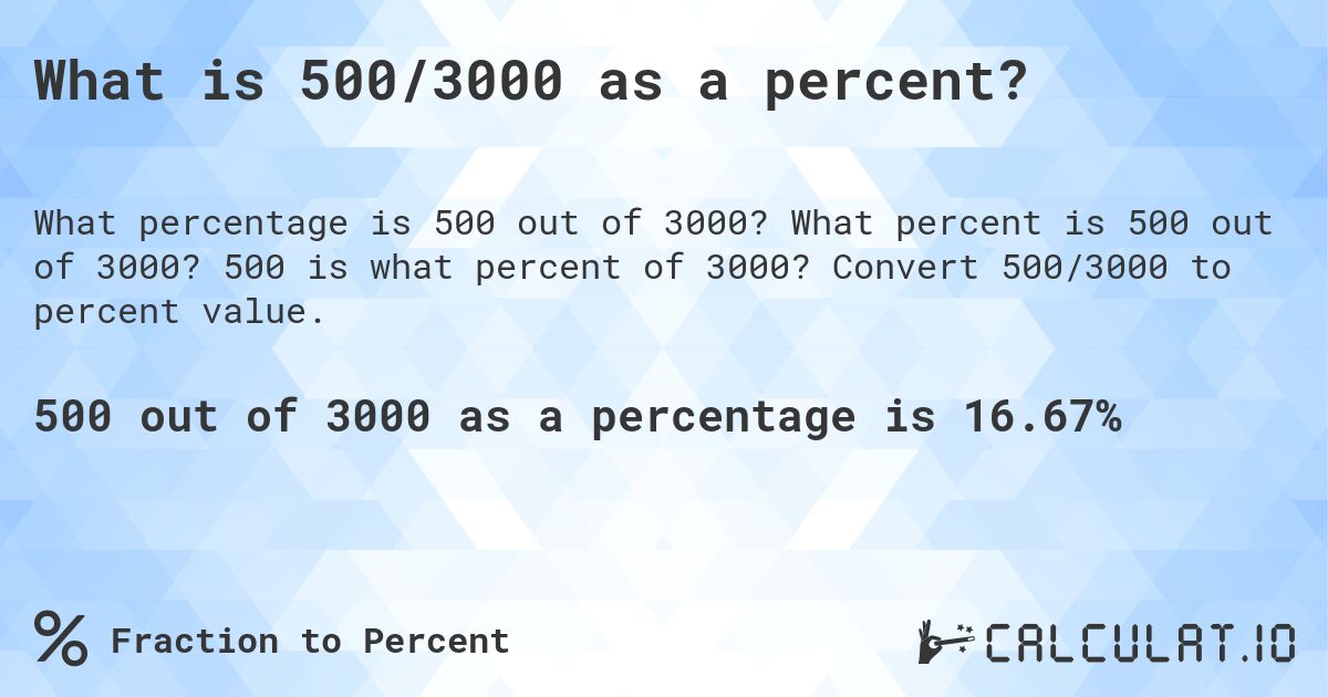 What is 500/3000 as a percent?. What percent is 500 out of 3000? 500 is what percent of 3000? Convert 500/3000 to percent value.