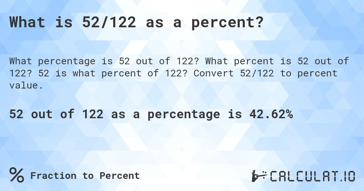 What is 52/122 as a percent?. What percent is 52 out of 122? 52 is what percent of 122? Convert 52/122 to percent value.