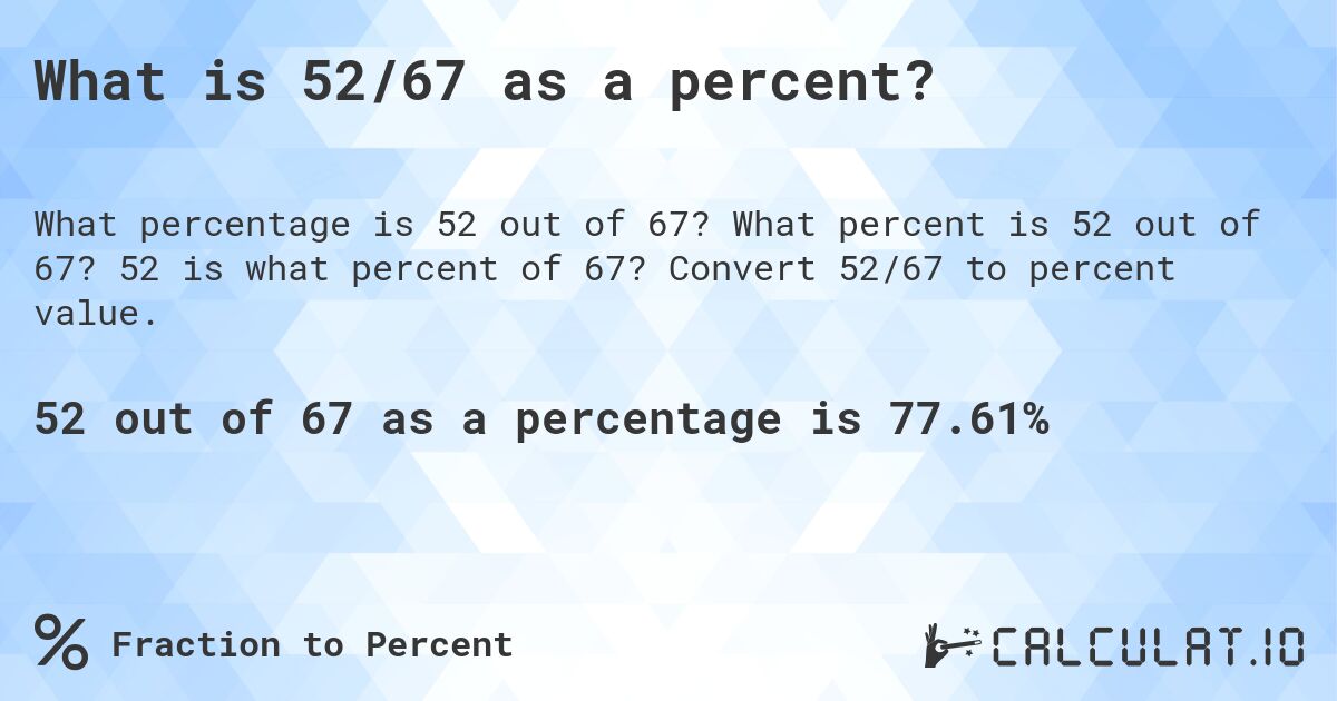 What is 52/67 as a percent?. What percent is 52 out of 67? 52 is what percent of 67? Convert 52/67 to percent value.