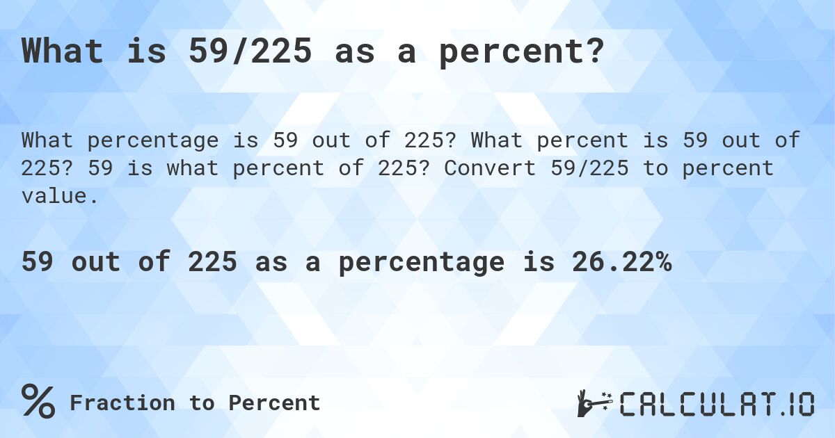 What is 59/225 as a percent?. What percent is 59 out of 225? 59 is what percent of 225? Convert 59/225 to percent value.