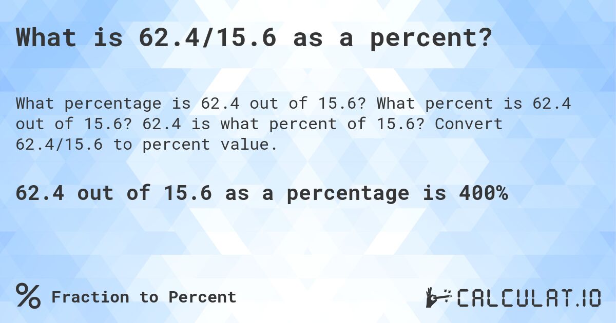 What is 62.4/15.6 as a percent?. What percent is 62.4 out of 15.6? 62.4 is what percent of 15.6? Convert 62.4/15.6 to percent value.