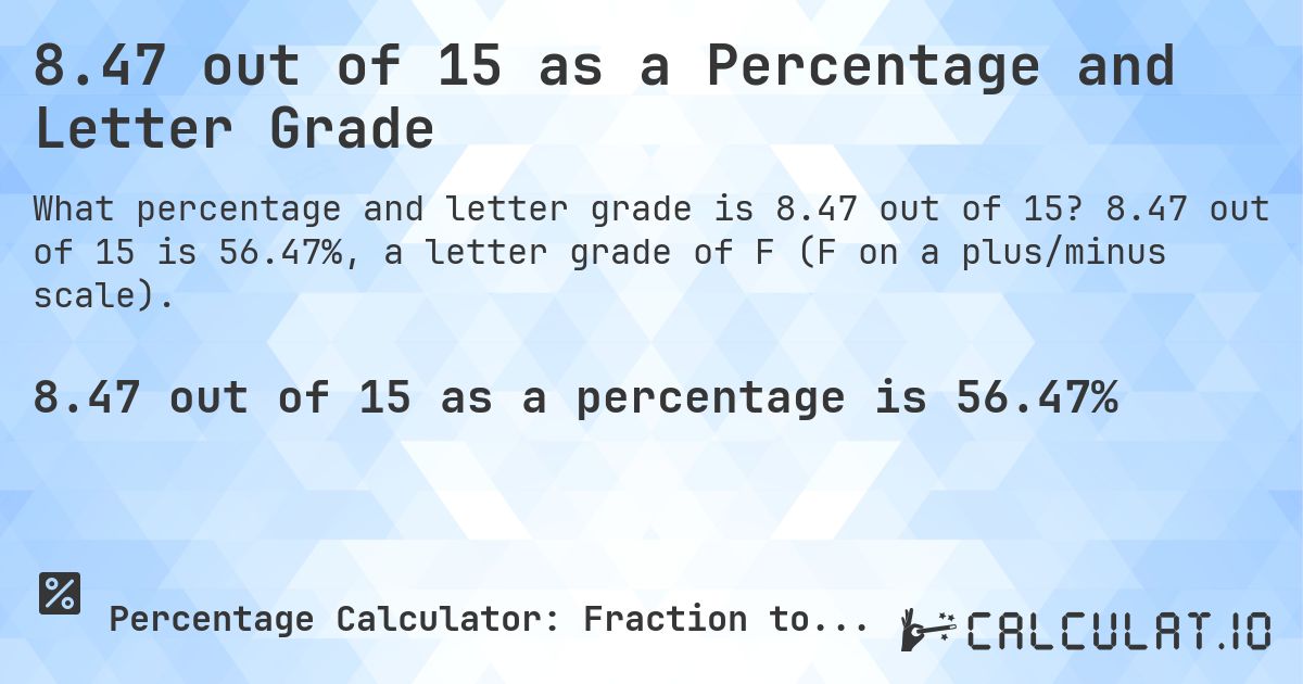 8.47 out of 15 as a Percentage and Letter Grade. 8.47 out of 15 is 56.47%, a letter grade of F (F on a plus/minus scale).