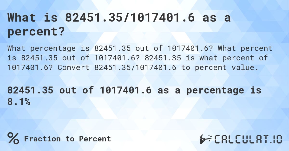 What is 82451.35/1017401.6 as a percent?. What percent is 82451.35 out of 1017401.6? 82451.35 is what percent of 1017401.6? Convert 82451.35/1017401.6 to percent value.