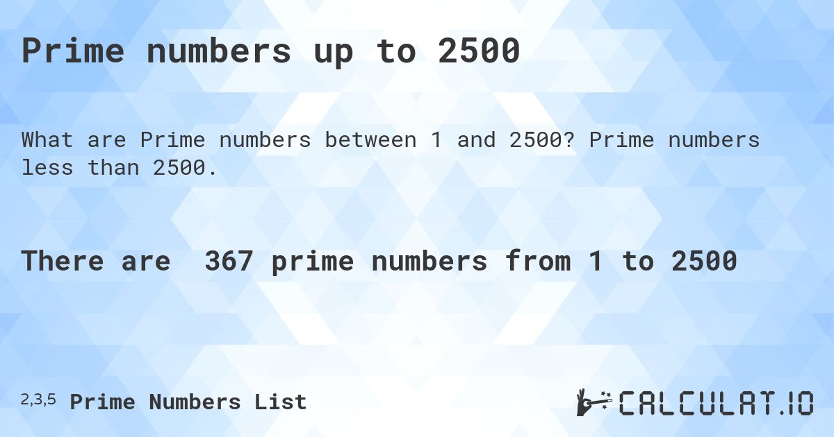 Prime numbers up to 2500. Prime numbers less than 2500.