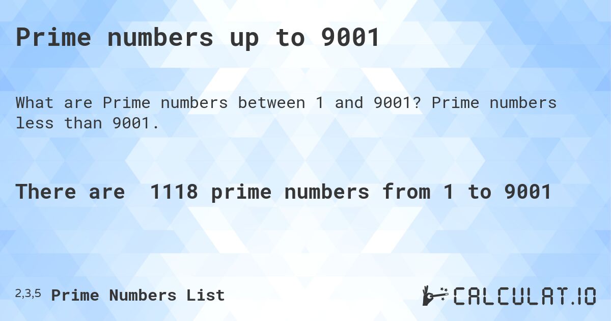 Prime numbers up to 9001. Prime numbers less than 9001.