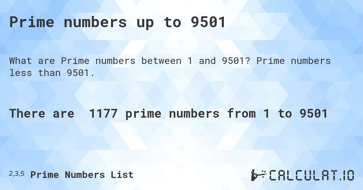 Prime numbers up to 9501. Prime numbers less than 9501.