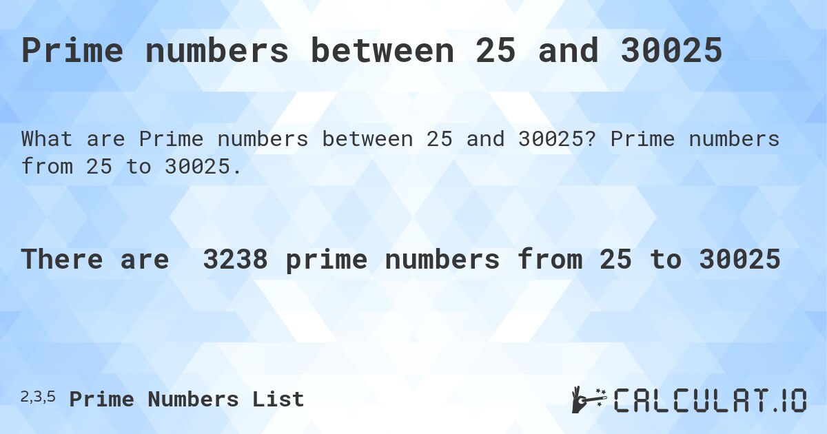 Prime numbers between 25 and 30025. Prime numbers from 25 to 30025.