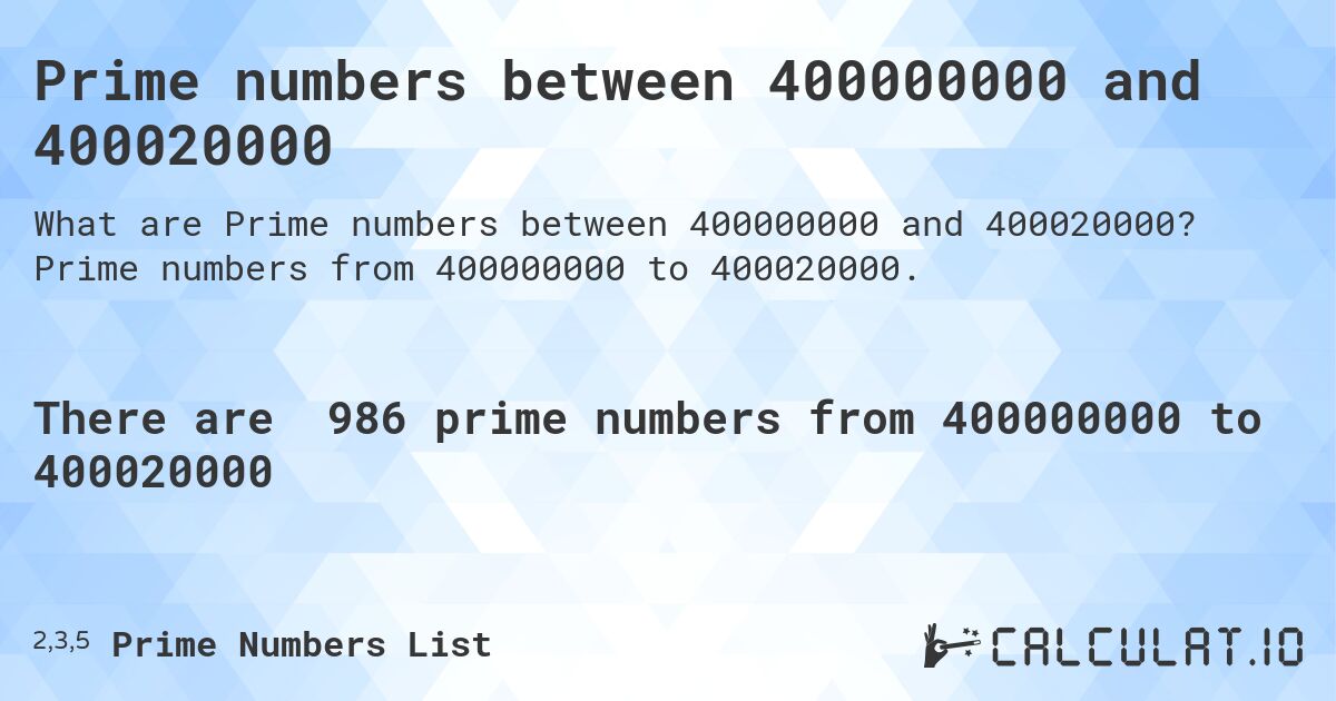 Prime numbers between 400000000 and 400020000. Prime numbers from 400000000 to 400020000.