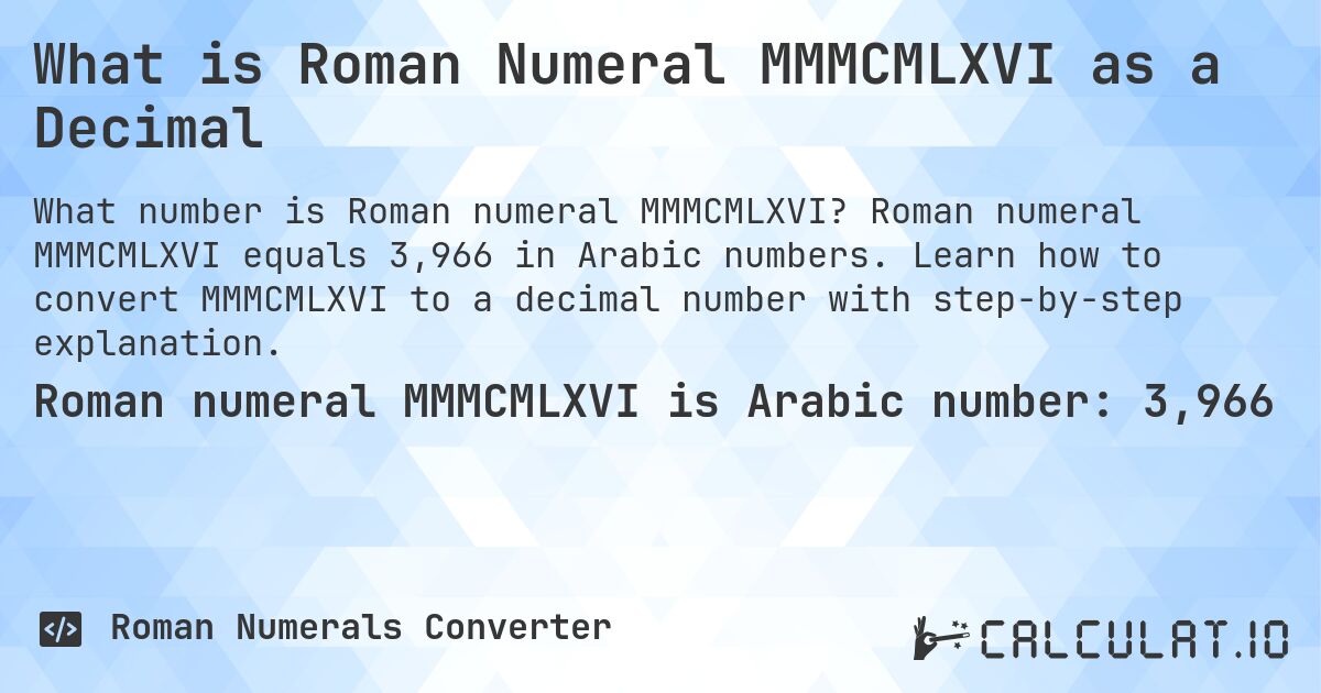 What is Roman Numeral MMMCMLXVI as a Decimal. Roman numeral MMMCMLXVI equals 3,966 in Arabic numbers. Learn how to convert MMMCMLXVI to a decimal number with step-by-step explanation.