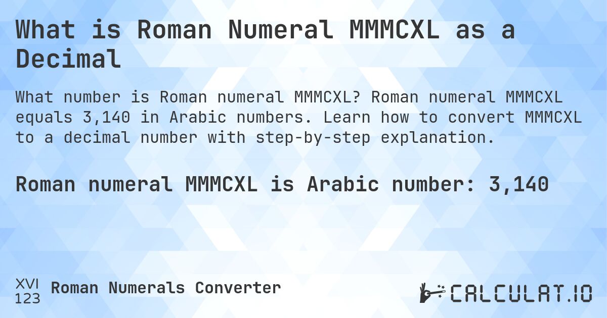 What is Roman Numeral MMMCXL as a Decimal. Roman numeral MMMCXL equals 3,140 in Arabic numbers. Learn how to convert MMMCXL to a decimal number with step-by-step explanation.